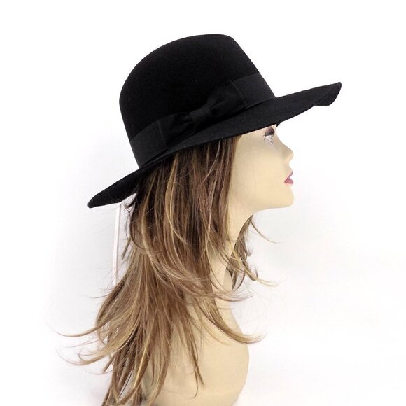 Bloomingdales Aqua Hat Floppy Western Black Felted Wool Rancher Grosgrain Ribbon - Picture 1 of 6